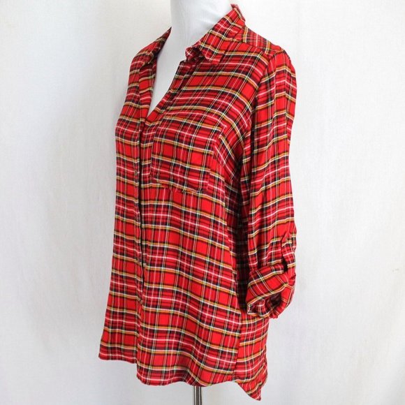 Kut from the Kloth Flannel Shirt Womens M Red Black Plaid Long Roll Tab Sleeve - Picture 3 of 7